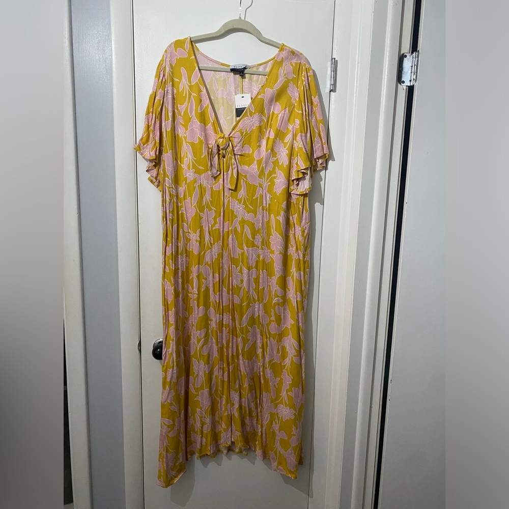 Eloquii Elements Flutter Sleeve Yellow Floral Midi Dress - Picture 2 of 6